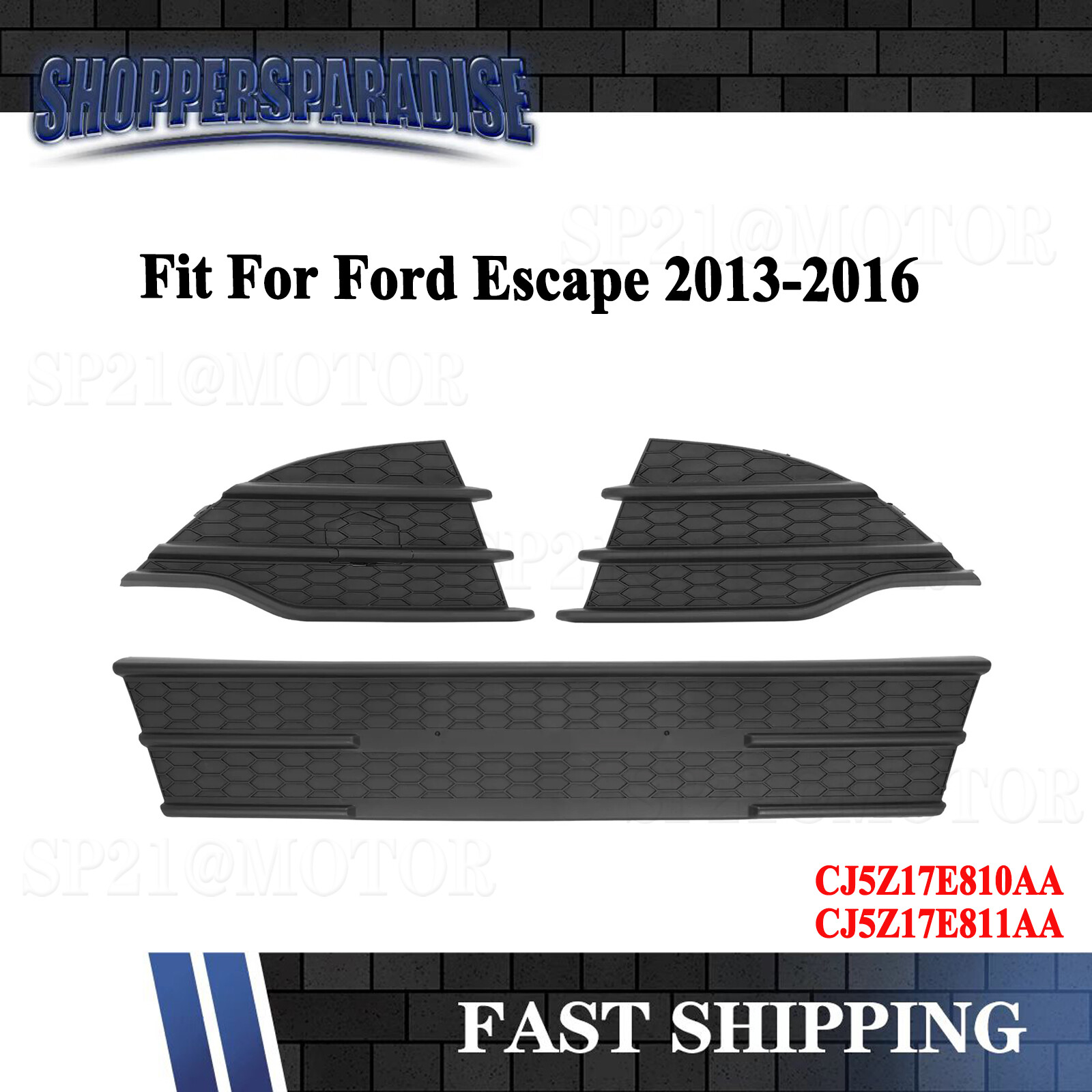 For Ford Escape 2013-2016 Front Bumper Lower Grille Fog Light Cover Trim 3pc Set