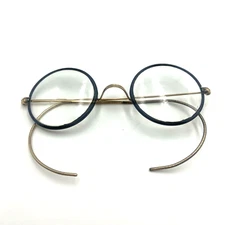 Antique Child Size STOCO Windsor Eyeglasses Round Black Rim Gold Wire Unisex