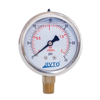 Pressure Gauge,Liquid Filled,2'' Dia,0-30 psi,1/4 NPT Lower Mount