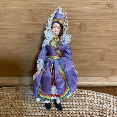 Vintage 8'' Folk Doll in Purple Dress   Handmade Balkan or Eastern Europe Style