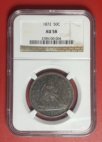 1872 P Seated Liberty Silver Half Dollar, NGC AU58.  Original and Problem Free.
