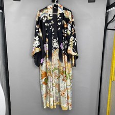 Natori Floral Kimono Robe Womens Large Black Cream Long Satin Asian Botanical