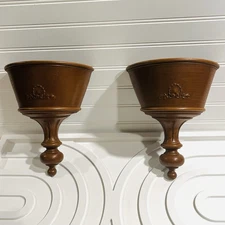 2 Vtg MCM 1963 SYROCO Wall Pocket Planter Sconce SET Faux Wood Finish HOMCO USA
