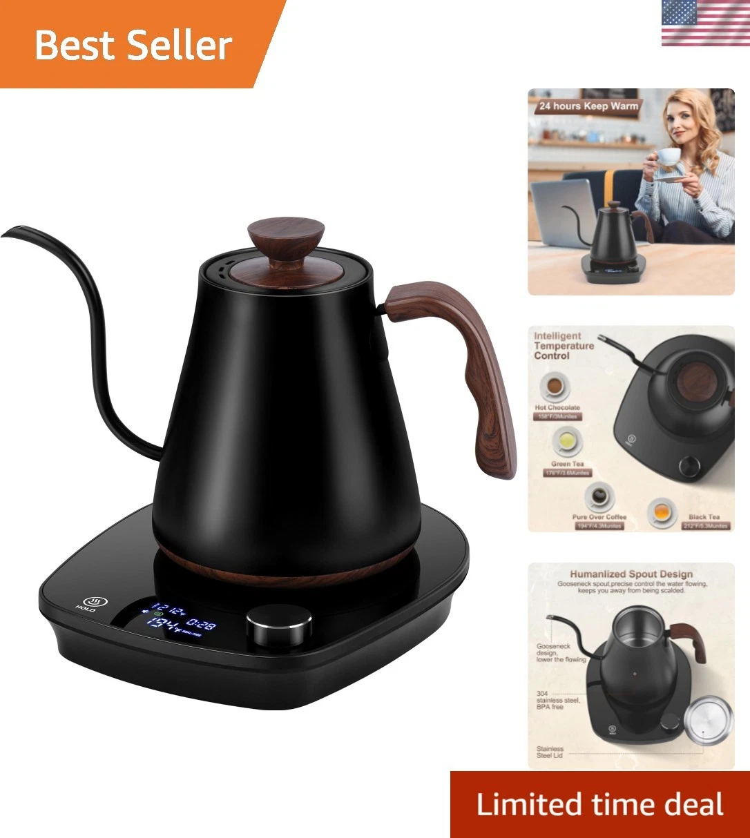 Gooseneck Electric Kettle, Intelligent Temperature Control, Stainless Steel I...