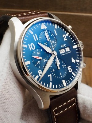 IWC Pilot Petit Prince Day Date Chronograph IW377714 99% LNIB Full Set Blue Dial
