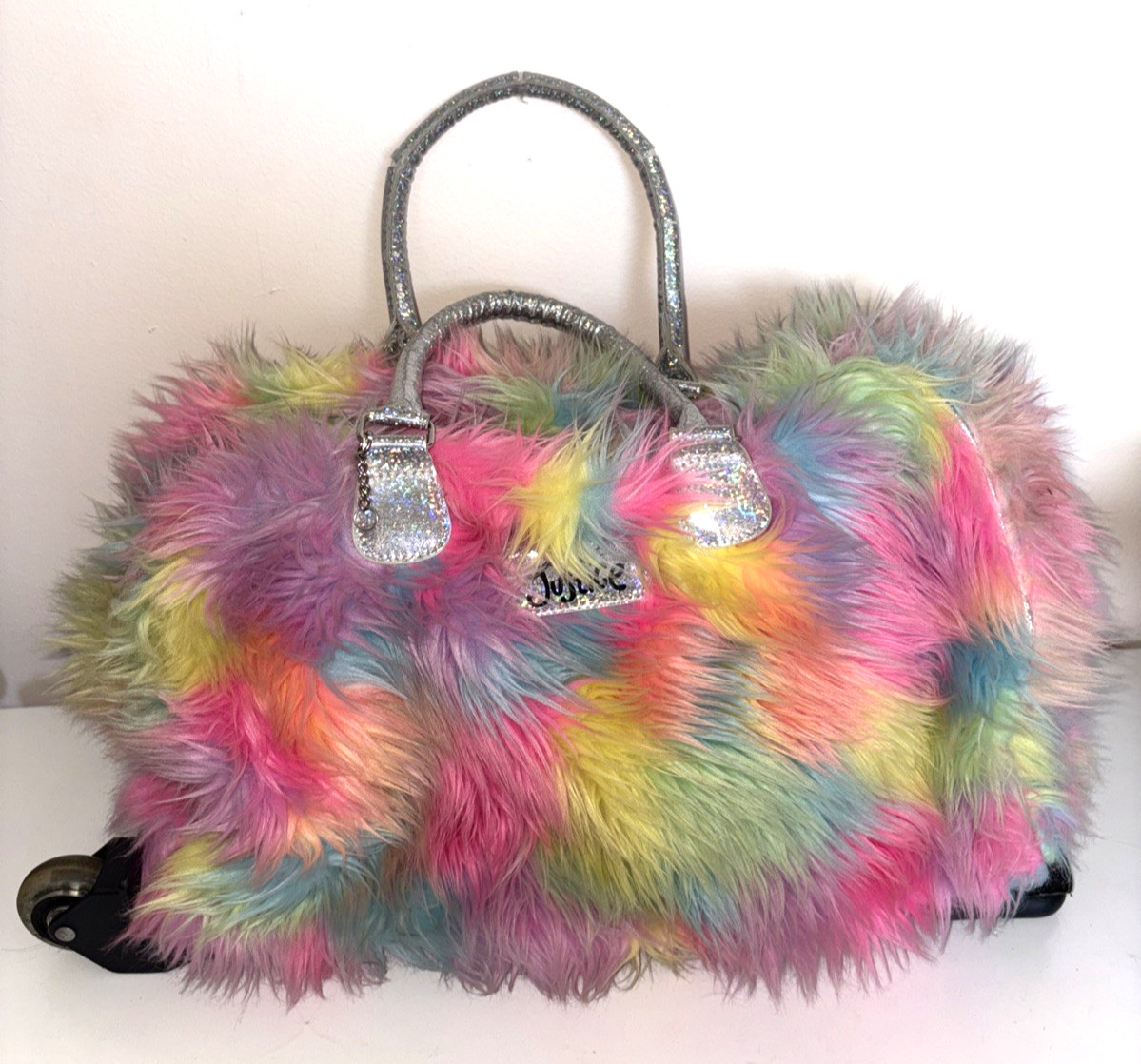 Justice Girls Fuzzy Rainbow Rolling Carry On Travel Book Bag