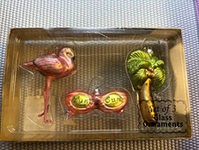 Christmas Tropical Glass Hanging Ornaments Set of 3 Flamingo Palm Tree Shades