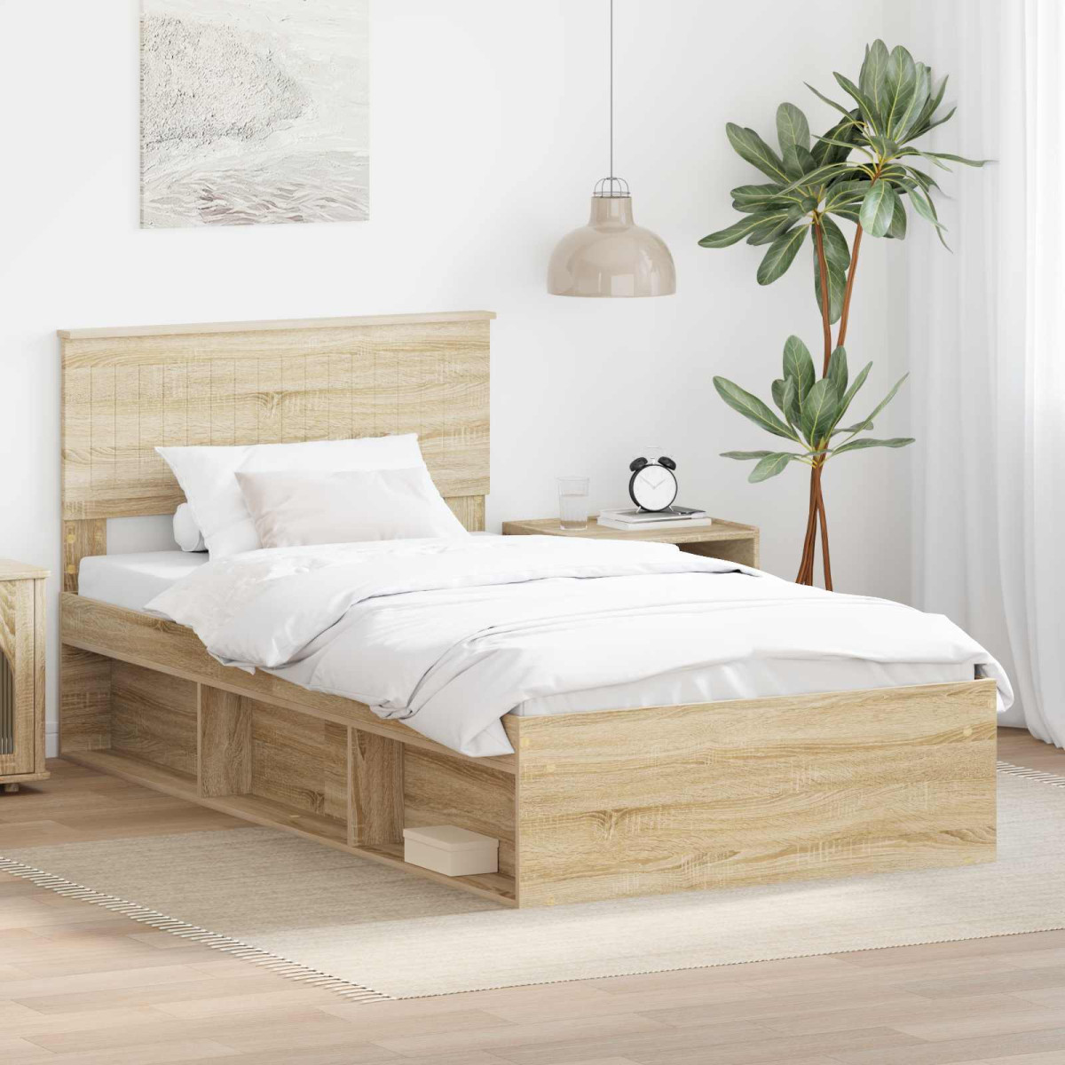 Vidaxl Bed Frame With Headboard Sonoma 100 X 200 Cm Solid Pine Wood - Brown, Brown - Image 2
