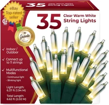 Clear Warm White Christmas Tree Lights 6.3 Ft String  35 Incandescent Mini Bulbs