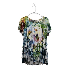 Green Tropical Tiered Jersey Blouse - Size M | Slinky & Stretchy