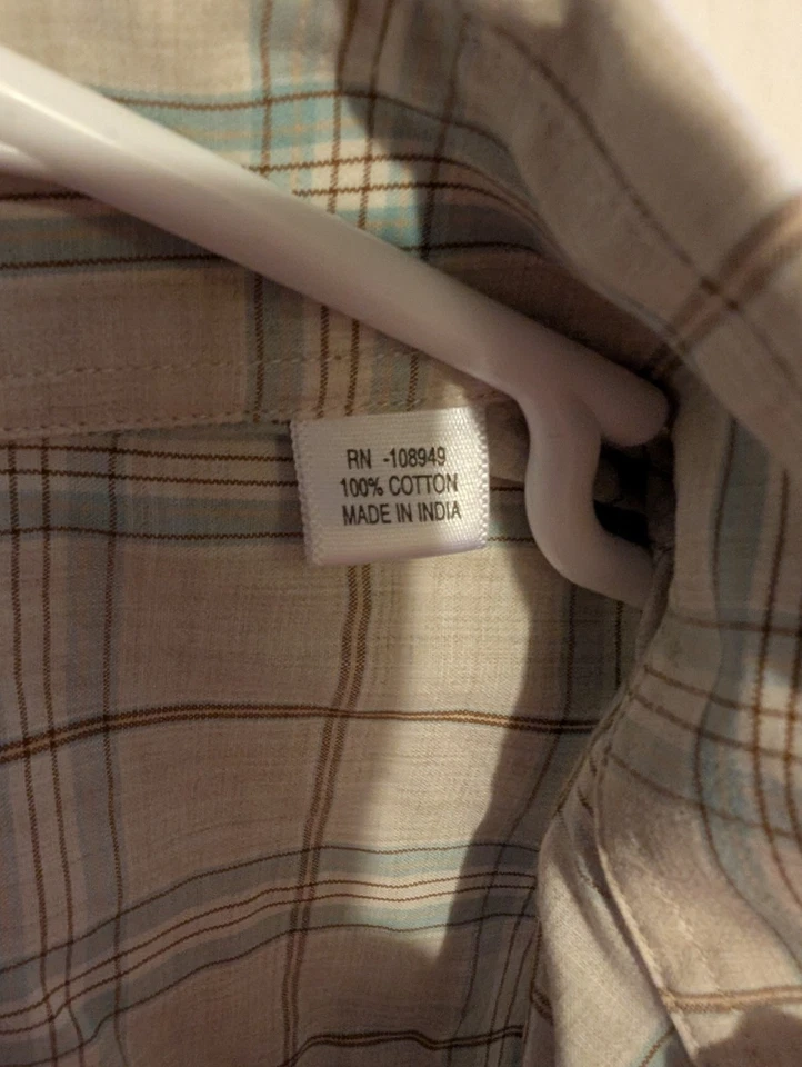 Alex Cannon 正装衬衫男式中号米色多色格子纽扣 — 第 3/4 张图片