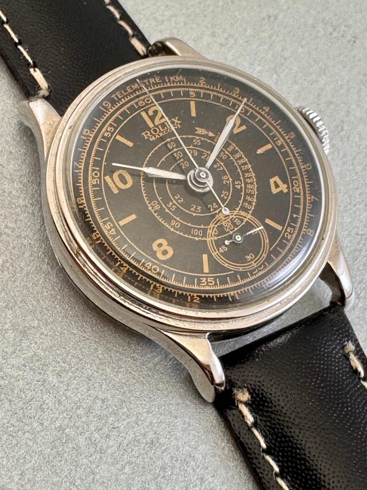 swiss Rolex made Marconi ca47 pusher Chronograph Vint single black wind up dial - vintagewatches.pk