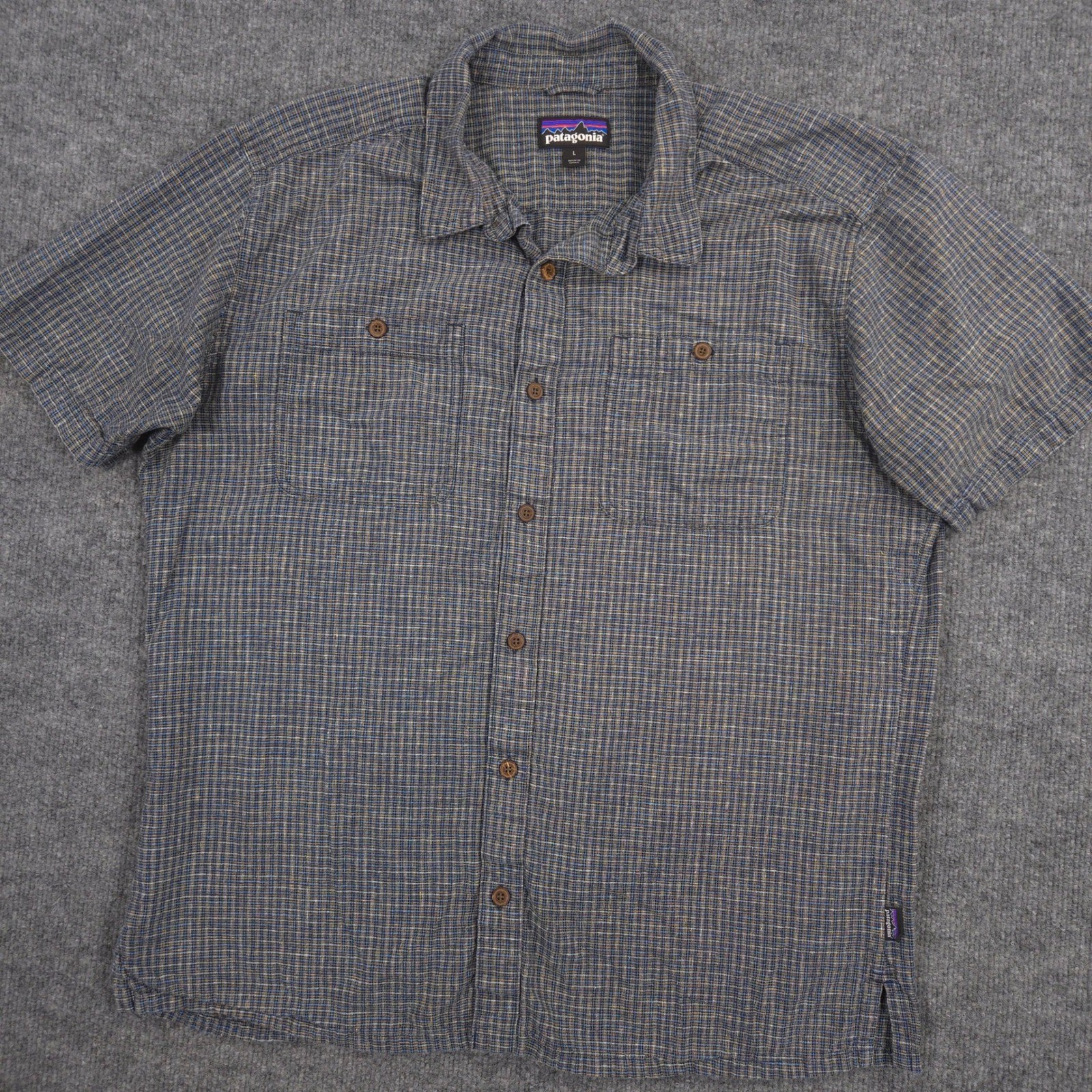 Patagonia Back Step Shirt Mens L Blue Pattered Hemp Blend Short Sleeve Outdoor