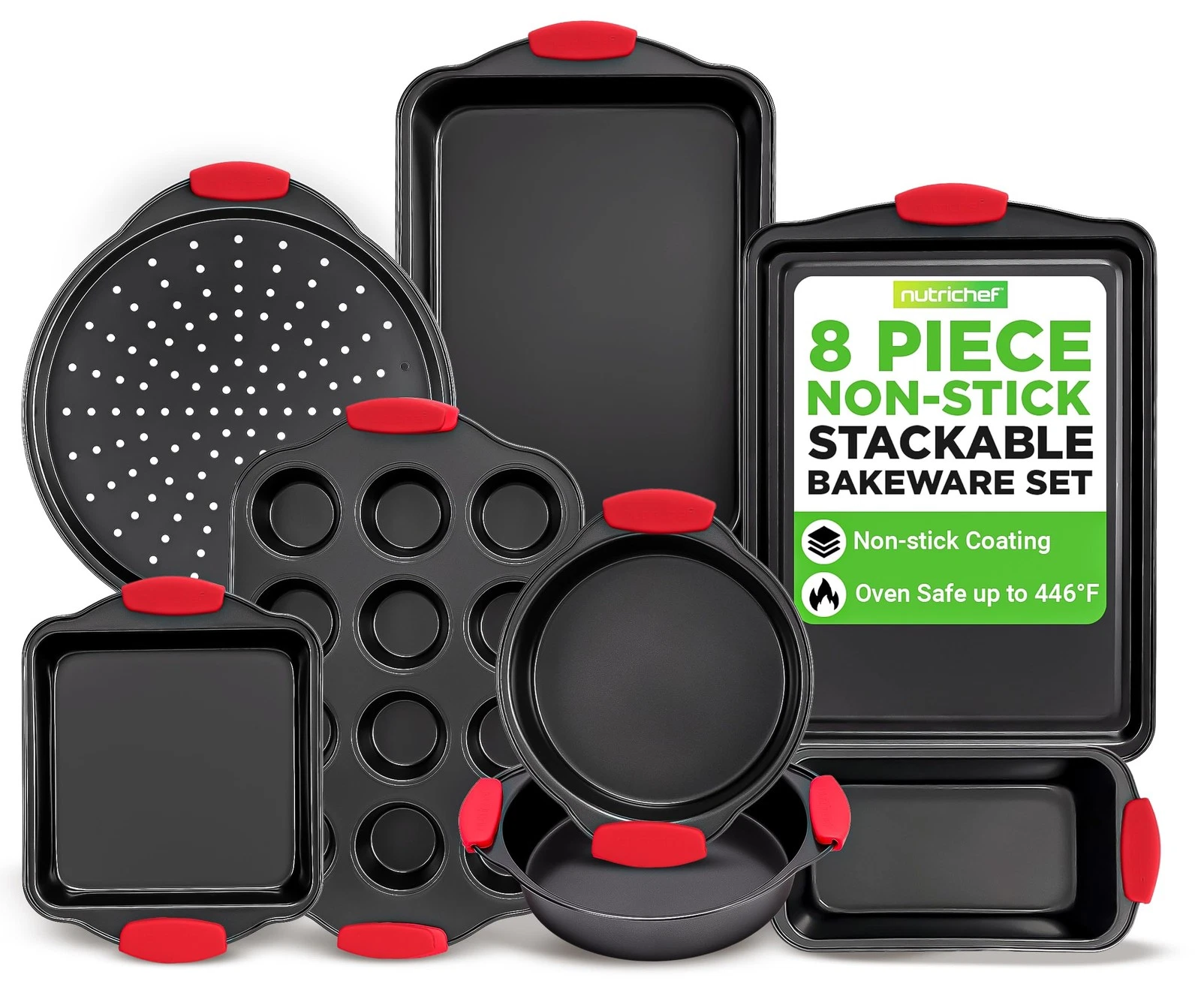 NutriChef Non-Stick Kitchen Oven Baking Pans-Deluxe & 8-Piece Set, Black