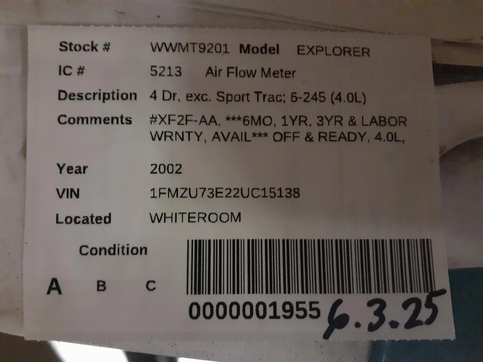 Used Fuel Injection Air Flow Meter fits: 2002 Ford Explorer 6-232 3.8 Grade A - Image 2 of 3