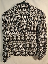 Chico's Size 2 Large 12/14 Ikat Black Tan Print lightweight Zip Up Jacket L/s