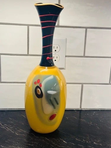 17” Vintage Hand-Blown Art Glass Vase – Murano Style Abstract Face Design