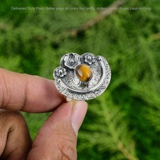 925 Silver Oval Natural Tiger's Eye Wedding Flower Promise Artisan Ring Jewelry