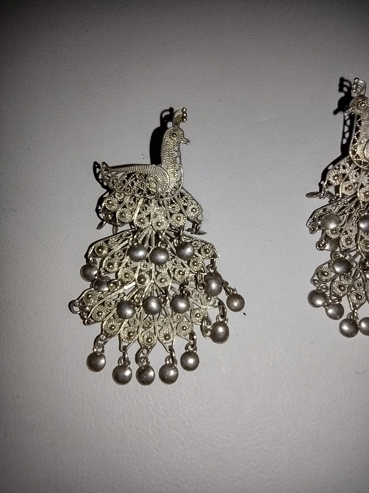 Vintage 925 Sterling Silver Articulated Peacock 3 Tier Earrings 1.75" - Image 3 of 4