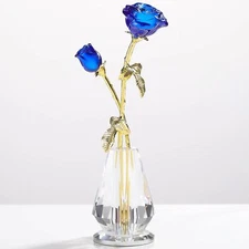 Crystal Rose Flowers Figurines Home Decor Blue Glass Flowers with Stems Cryst...