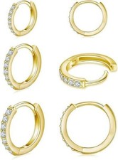 3 Pairs 6mm/8mm/10mm Gold Cubic Zirconia Small Hoop Earrings Jewelry Unisex K