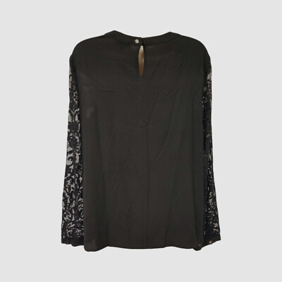 Neiman Marcus Women's Black Sheer Lace-Sleeved Scoop-Neck Blouse Top Size M