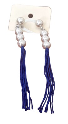 Fashion Earrings-- round white pearl beads- blue thread strands- long-post back