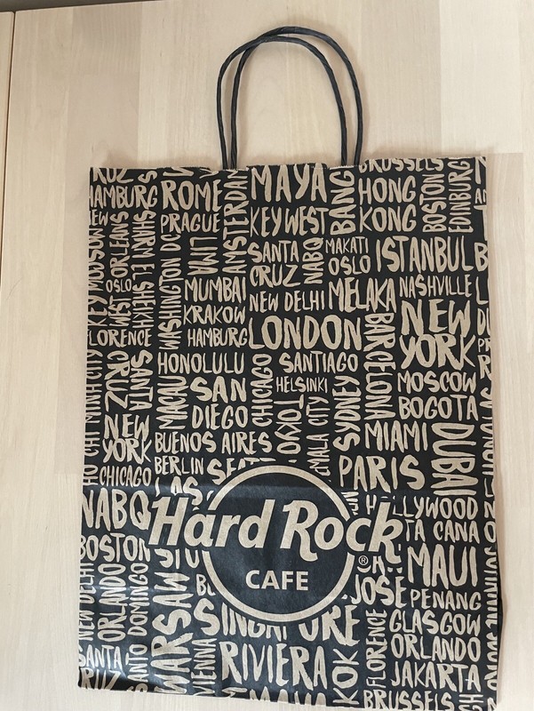 HARD ROCK CAFE Collectible MEDIUM Paper Shopping Bag with Pattern of City Names