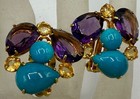 GOLD PLATED PASTE TEARDROP AMETHYST CITRINE TURQUOISE BOUNKIT SIGNED EARRINGS