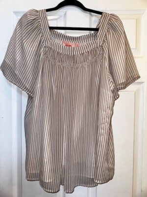 EVRI 1X SS Square Neck Beige & White Striped SS Lined Blouse Shirt Top EUC