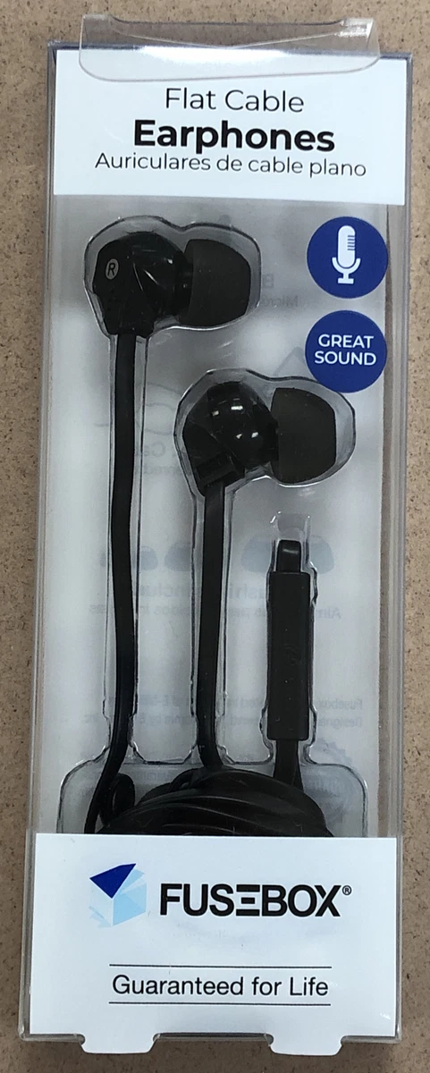 FuseBox Earbuds Wired Built In Mic Flat Cable Tangle Free 3 Size Ear Tips Black