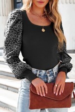 🔥🔥Black Flower Puff Sleeve Ribbed Knit Top Size Large