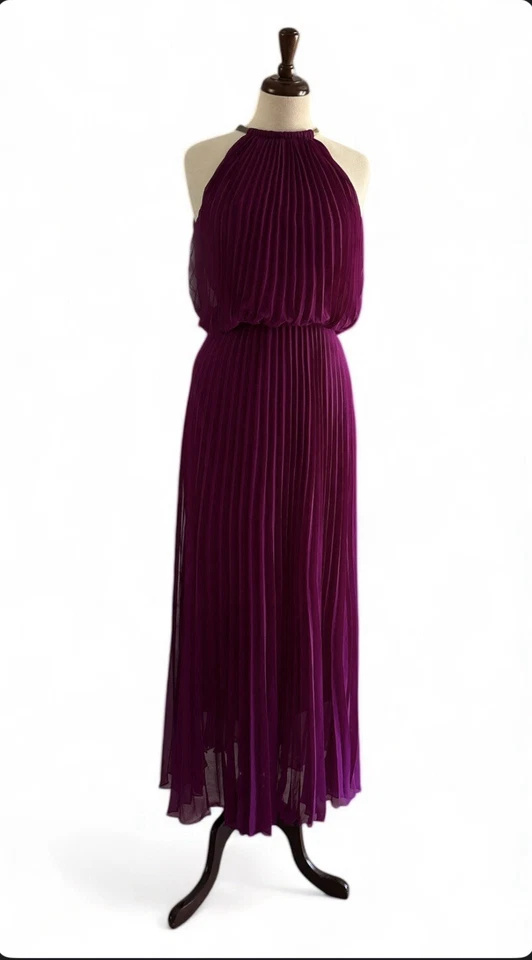 MSK 女式全长内衬吊带领打褶雪纺布劳森连衣裙 6 码 — 第 2/4 张图片