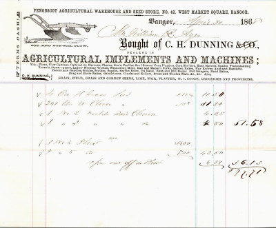 Dunning Bangor ME 1868 Billhead Agricultural Tools & Machines Plow Vignette