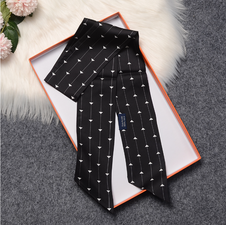 Green Twill Silk Scarf with Triangle Print Slim Headband Neck Tie 120x8cm