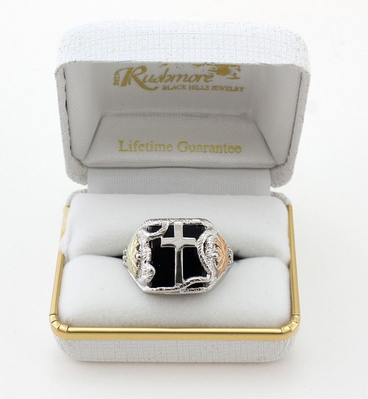 Black Hills Gold Sterling Silver Men's Cross Ring w Onyx Size 13 FAST SHIPPING
