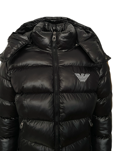 Emporio Armani Puffer Jacket in Black With removable hood Coat Length Short - Picture 2 of 5