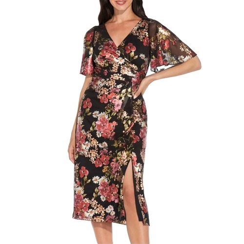 Adrianna Papell Sequin Beaded Cocktail Dress With Sheer Short Sleeves- Size  6 | eBay