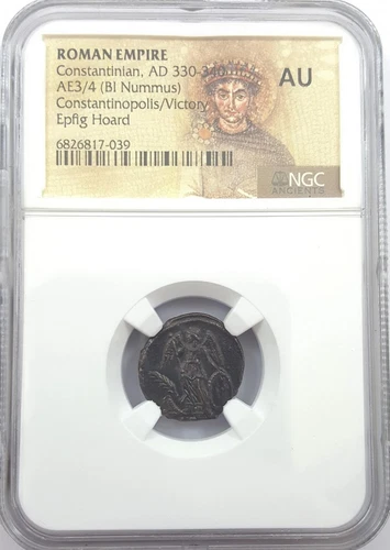 A-DS6 - Roman Empire Constantinian (AD 330-346) Nummus Epfig Hoard NGC AU Coin