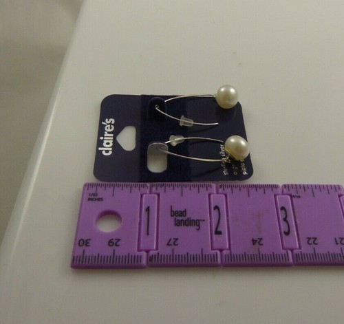 Sterling Silver dangle faux pearl wire earrings .925 Claire's Earring - Picture 3 of 4