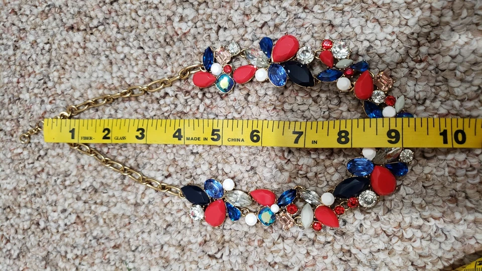 Pre-owned J. Crew Gold Tone Statement White Blue & Red Necklace Patriotic - Image 2 of 3