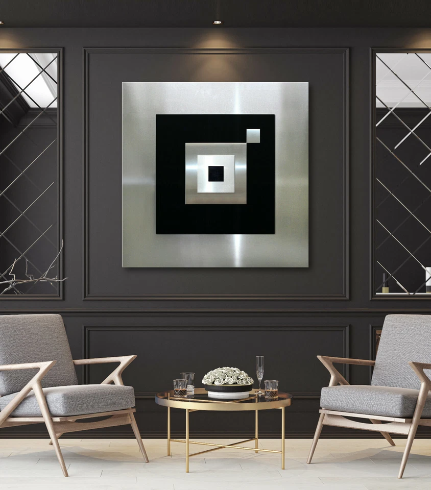 ORIGINAL ABSTRAKT METALL Bild Modern Schwarz Silber Grau Abstrakt Wandbild Deko - Bild 2 von 4