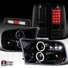 Fit 2009-2013 RAM Halo Projector HeadLIGHT Glossy Black+LED Tail+3Rd Brake Smoke