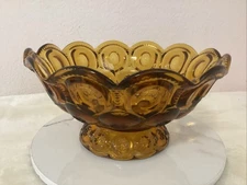 L.E. Smith Moon And Stars Amber Glass Bowl Mid-Century - 9.5" x 5" Heavy