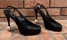 Chanel Black Satin Slingback Pumps/Heels Women Shoes-Size 38.5 Pearl Embellish
