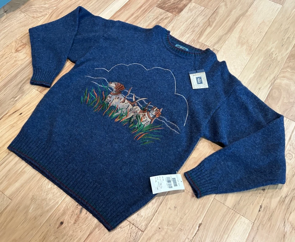Vintage Woolrich Sweater NWT 100% Wool Blue Embroidered Hunting Dogs Mens XL - Image 3 of 4
