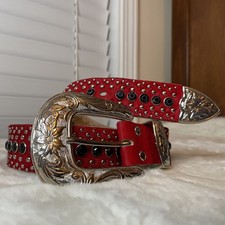 Red S Genuine Leather Black Rhinestone Studded Western Belt silver buckle VTG