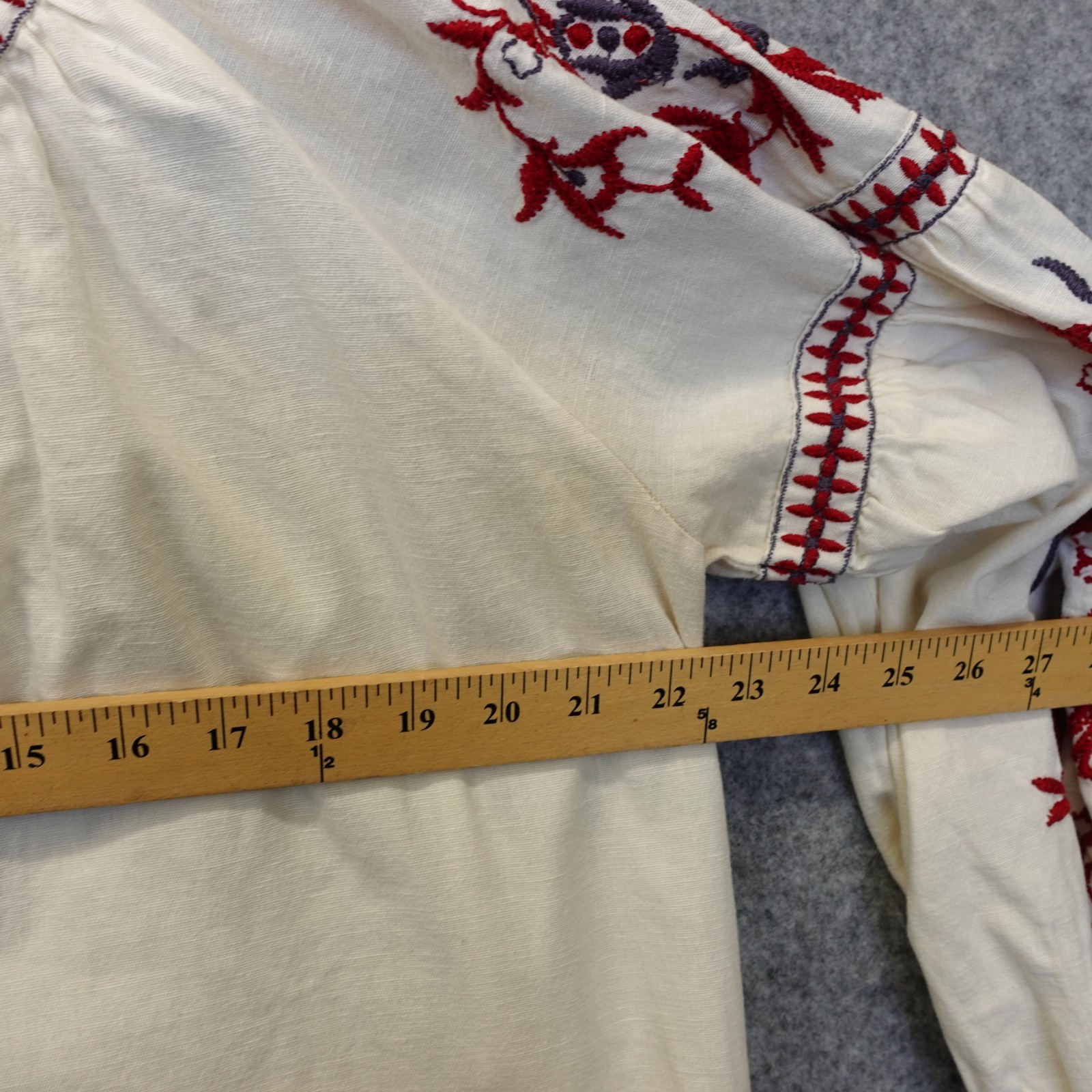 Peasant Linen Blouse Womens MEDIUM Cream Red Floral Embroidered Boho Folk ZARA thumbnail 4