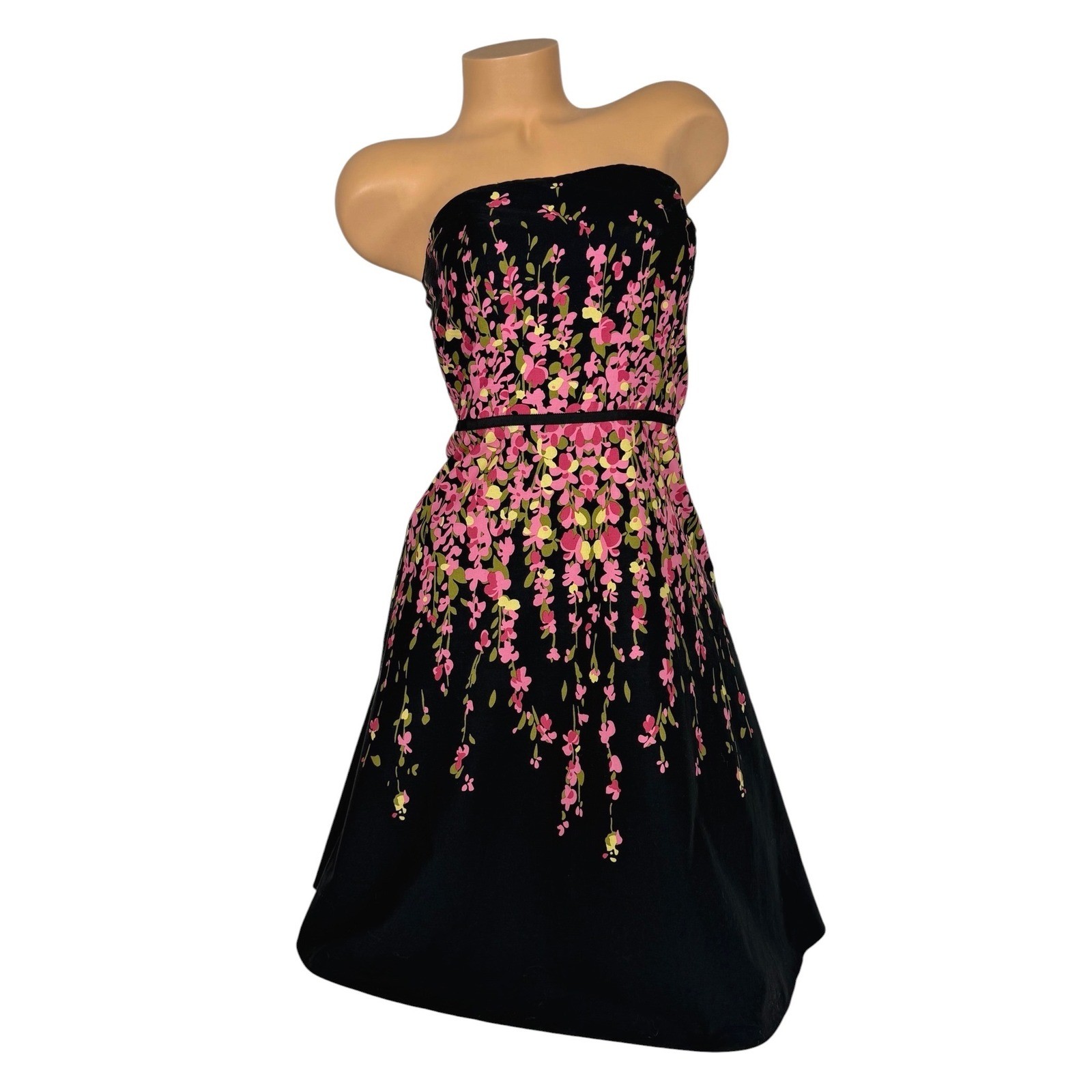 LOFT Womens Strapless Floral Fit & Flare Dress Black Pink Green Cotton Size 4