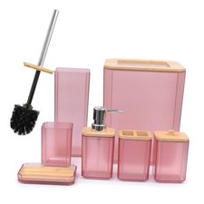 Bamboo Bathroom Accessories Set 7 Piece Bath Ensemble, Pink